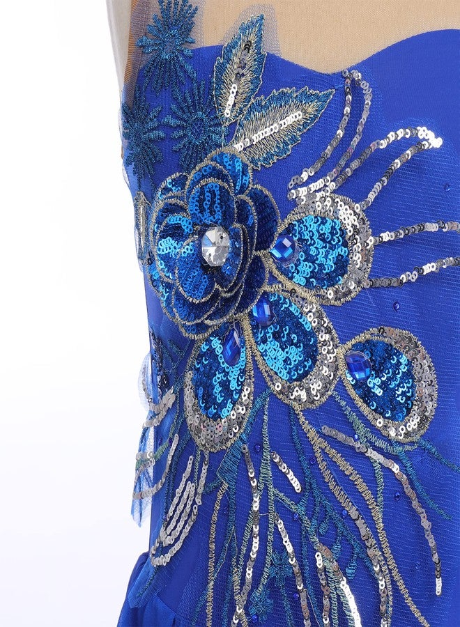 AFAVOM Figure Skating Dress for Girls Sequin Flower Mesh Ice Skating Dress Ballet Dance Leotard Dress Chiffon Skirted Ballerina Dancewear for Competition Stage Performance Costume Royal Blue 9-10 Years - Image 4
